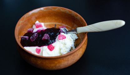 Tasty breakfast. Cottage cheese, sugar, jam, marmalade