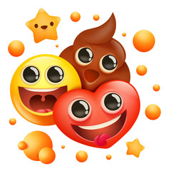Emoji cartoon characters. Yellow smile face, poop and heart sign Social network reactions