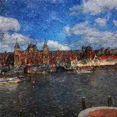 Oil painting modern art Amsterdam, Netherlands. Wall poster and canvas contemporary drawing print. Touristic postcard and stationery design. Europe beauty travel scene, historical buildings and place.