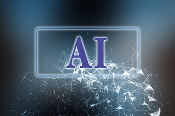 Abstract artificial intelligence word text icon, with network global connection, innovation technology