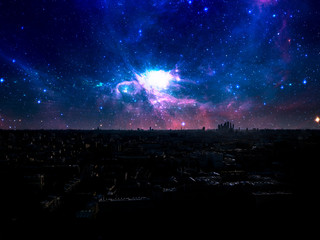 night sky with many stars over urban city landscape