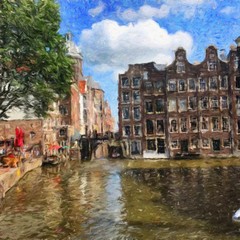Oil painting modern art Amsterdam, Netherlands. Wall poster and canvas contemporary drawing print. Touristic postcard and stationery design. Europe beauty travel scene, historical buildings and place.
