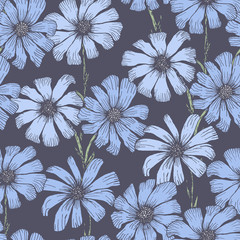 Pale night blue seamless pattern with delicate chamomile flowers. Vintage hand drawn illustration of beautiful daisy flower, texture for textile, wrapping paper, surface, background