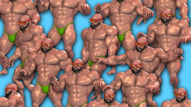 Seamless animation of a group of dancing muscular men with swimming trunk. Funny summer background 