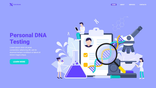 Medical01 Personal DNA testing, DNA sequencing, genetic analysis design concept. Flat vector illustration with characters for landing page, hero image, web site, banner.