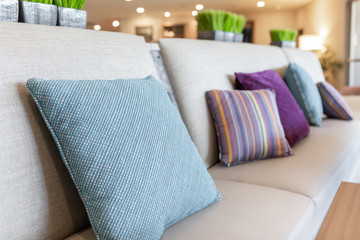 Linen Sofa with Colorful Throw Pillows