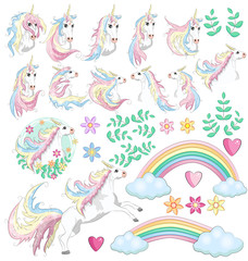 Set with unicorns, flowers, leaves, hearts, rainbow and other elements for girls.