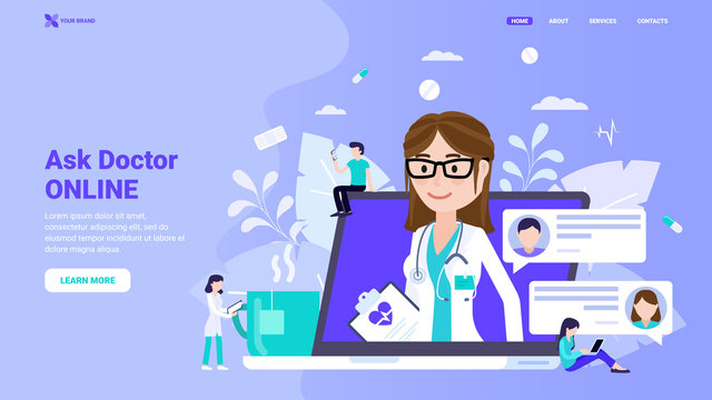 Ask doctor online, online medical consultation 24/7, distant medical information concept for website. Flat vector illustration with characters for landing page, web site, banner, hero image.