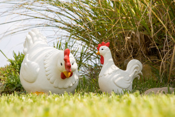 Two White decoration hens on green grass