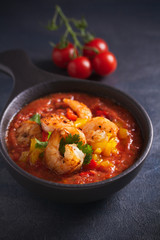 Shrimp Gazpacho with Roasted Red and Yellow Bell Peppers. Spanish pureed cold tomato soup with shrimps