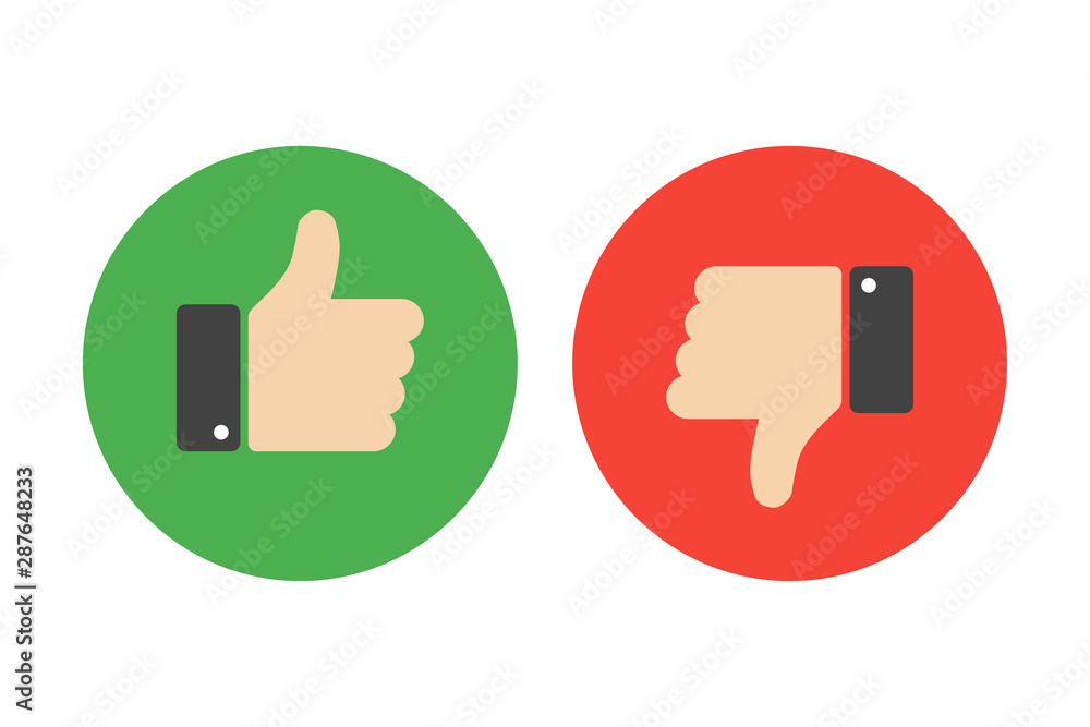Poster set of thumb up and down on green and red background. isolated vector signs in trandy fkat style.