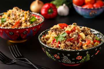 Bulgur with mushrooms and vegetables in a two bowls on a dark background, vegetarian oriental dish, horizontal orientation