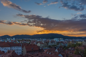 Cityscape of Graz at sunset with historic buildings, in Graz, Styria region, Austria.