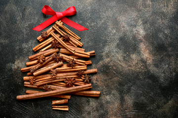 Abstract christmas tree made from cinnamon sticks. Top view with copy space.