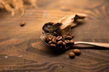 coffee beans on wooden background