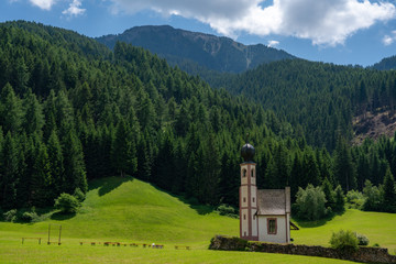 Beautiful St Magdalena, the lone church in northern Italy. Sitting on the foot of the majestic Geisler peaks at 1,352 m