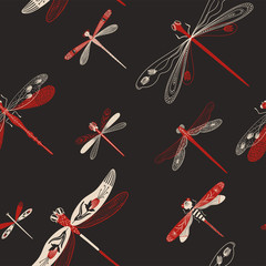 Folk Art Seamless Pattern With Dragonflies. © Annykos