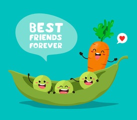 Funny green peas and carrots with the slogan. Best friends forever. Vector illustration in cartoon style.