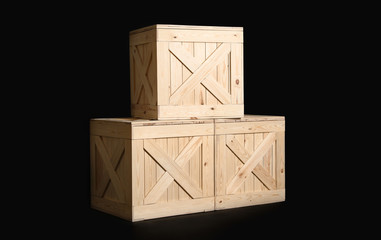 Group of wooden crates on black background