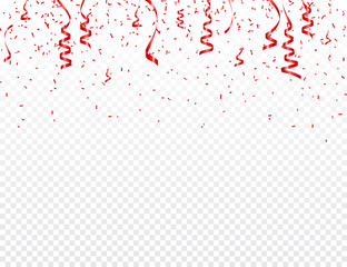 Christmas, Valentines day red confetti with ribbon on transparent background. Falling shiny glitter. Festive party design elements.