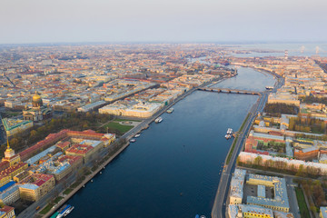 Fototapeta premium Aerial view cityscape of city center, Neva river. Saint Petersburg skyline frome drone