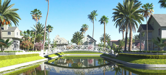 Tropical beach houses, Coastal style villas, 3d render