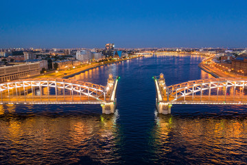 St. Petersburg, white nights, Bolsheokhtinsky bridge. Landmark of summer Petersburg. Photo from drone.
