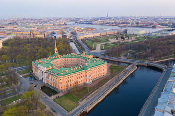 Obraz premium Saint-Petersburg. Russia. Panorama of St. Petersburg city at summer sunset. Engineering castle top view. Mikhailovsky castle. Architectural monuments of Petersburg. Museums of St. Petersburg.