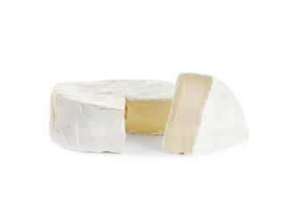 Tasty cut brie cheese isolated on white