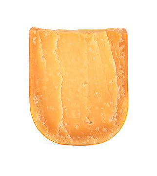 Piece of tasty mimolette cheese isolated on white