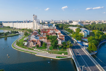 MINSK, BELARUS - JULY 2019: Aerial View, Cityscape Of Minsk, Belarus. Summer Season, Sunset Time. Panorama Of Nemiga District - obrazy, fototapety, plakaty