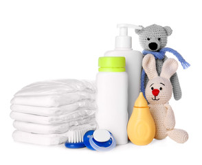 Set of baby accessories on white background