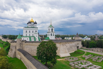 Fototapeta na wymiar Aerial panorama view of Pskov Kremlin and Trinity Cathedral church, Russia