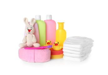 Set of baby accessories on white background