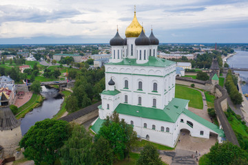 Fototapeta na wymiar Aerial panorama view of Pskov Kremlin and Trinity Cathedral church, Russia