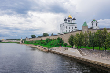 Aerial panorama view of Pskov Kremlin and Trinity Cathedral church, Russia