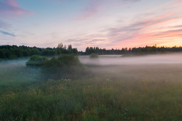 Fototapeta na wymiar Magnificent sunset and mist spreading across the field