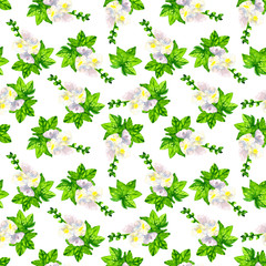 White mallow with leaves. Seamless pattern. Hand drawn watercolor illustration. Texture for print, fabric, textile, wallpaper.