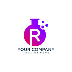 Letter R logo in laboratory beaker. Vector elements for science, biology, physics or chemistry design.