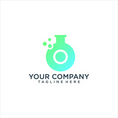 Letter O logo in laboratory beaker. Vector elements for science, biology, physics or chemistry design.