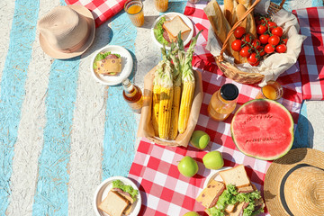 Different products for summer picnic served on checkered blanket, flat lay