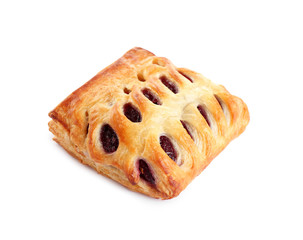 Fresh tasty puff pastry on white background