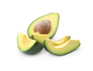 Slices of ripe avocado on white background