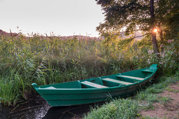 old wooden boat in the reed bushes on the bank of wide river or lake