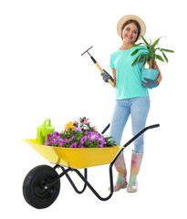 Female gardener with wheelbarrow and plants on white background