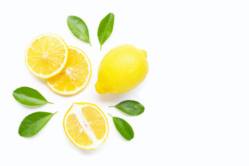 Lemon  and slices with leaves isolated on white. Copy space