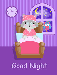 Good night postcard with a funny cute wolf disguised as a grandmother and an owl. Sweet dreamsVector illustration