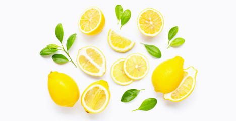 Fresh lemon and  slices with leaves isolated on white