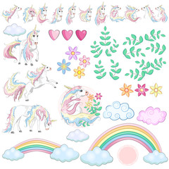 Large set with unicorns, flowers, leaves, hearts, rainbow and other design elements.