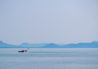 Obraz premium Traditional lake eed cutter in hungary on Balaton lake during summer time. Empty background.